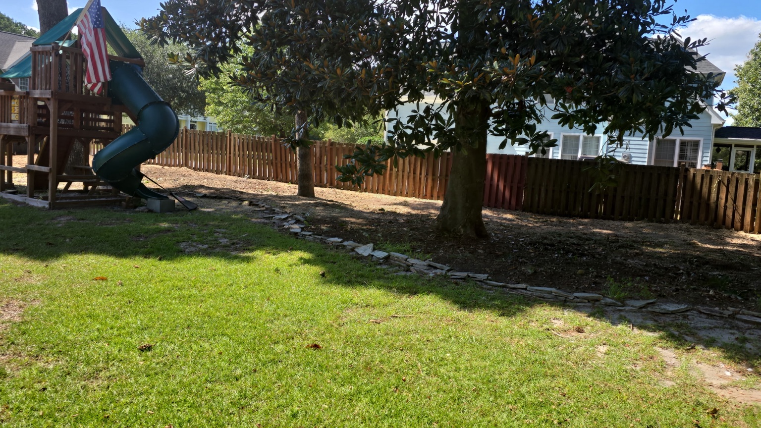 Large evergreen shade tree beside a backyard playset and fenced lawn